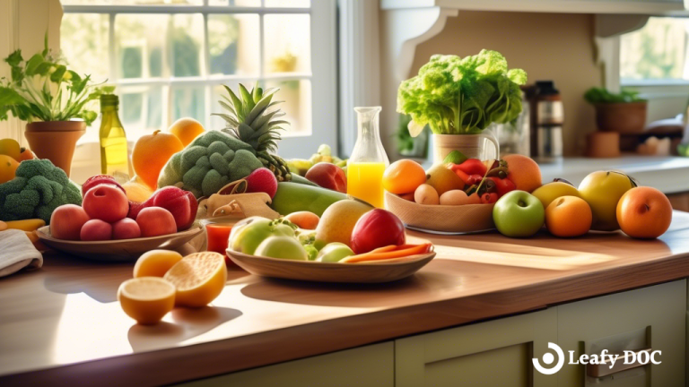 Sunlit kitchen table with a colorful spread of fresh fruits, vegetables, and healthy snacks, representing the impact of the endocannabinoid system on appetite regulation.