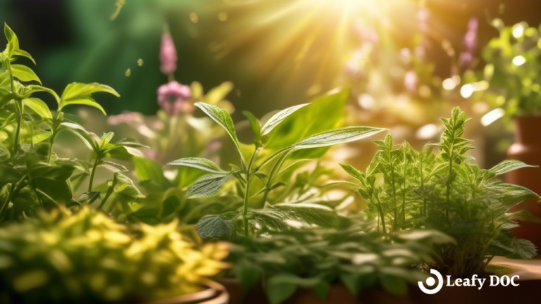 Close-up shot of a serene herb garden bathed in warm, golden sunlight, showcasing the vibrant green leaves glistening with dew and delicate blooming flowers, symbolizing the harmonious relationship between nature's healing power and the endocannabinoid system.