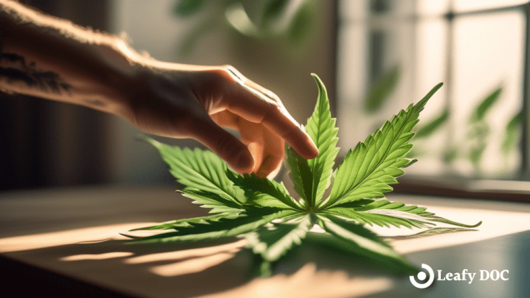 Alt text: Hands delicately holding a vibrant cannabis leaf, symbolizing the connection between the endocannabinoid system and neurological disorders, illuminated by bright natural light in a sunlit room.