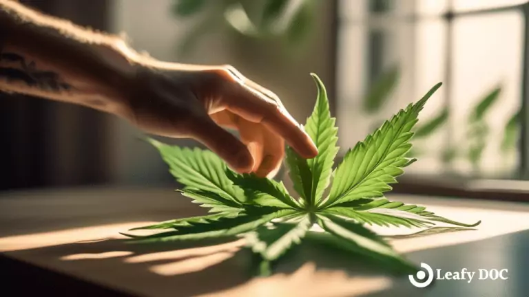 Alt text: Hands delicately holding a vibrant cannabis leaf, symbolizing the connection between the endocannabinoid system and neurological disorders, illuminated by bright natural light in a sunlit room.