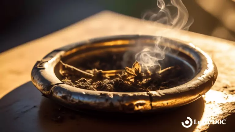 Alt Text: Close-up photo of a sunlit, partially burnt joint in an ashtray with a faint wisp of smoke, symbolizing the fleeting duration of a weed high.