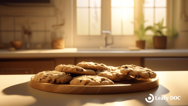 Close-up view of a sunlit kitchen countertop showcasing a plate of freshly baked cannabis-infused cookies, bathed in golden rays of natural light.