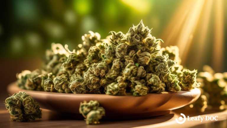Vibrant green cannabis buds illuminated by sunlight, representing the weight of a pound in grams - a visual depiction of the abundance in a sunny day's harvest.