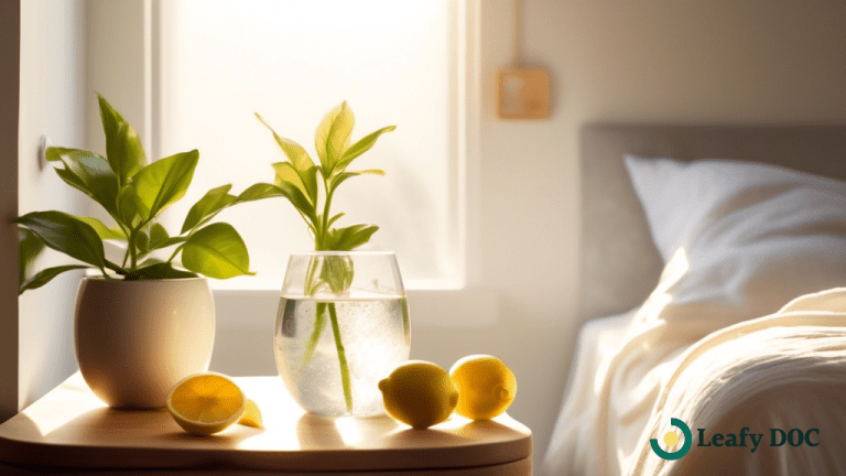 Detoxify your system naturally with lemon-infused water and yoga mat in a serene sunlit bedroom, accompanied by a vibrant potted plant.
