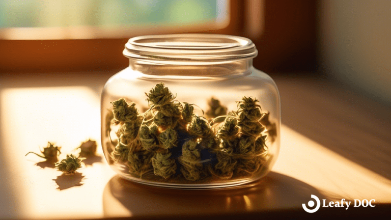 Vibrant close-up of a glass jar filled with freshly harvested cannabis buds, gently illuminated by warm sunlight streaming through a window.