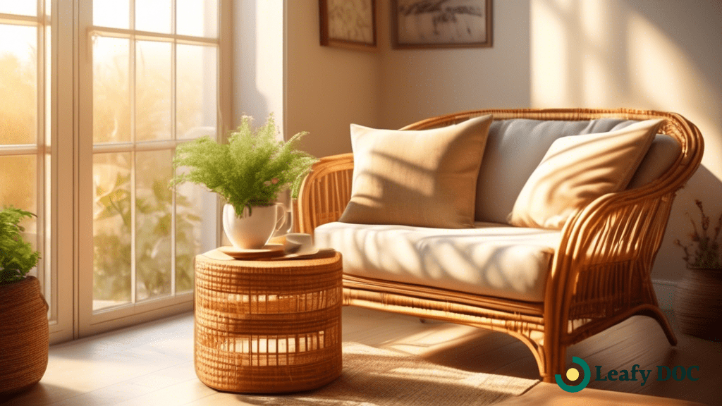 Cozy living room bathed in warm, golden sunlight with plush cushions on a rattan chair, a cup of herbal tea on a side table, and a tranquil scene of nature through a window – perfect for relaxation and unwinding.