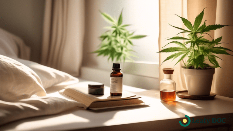 Serene bedroom scene with sunlight streaming through open curtains, showcasing a cannabis tincture bottle, sleep tracker, and book about sleep disorders.