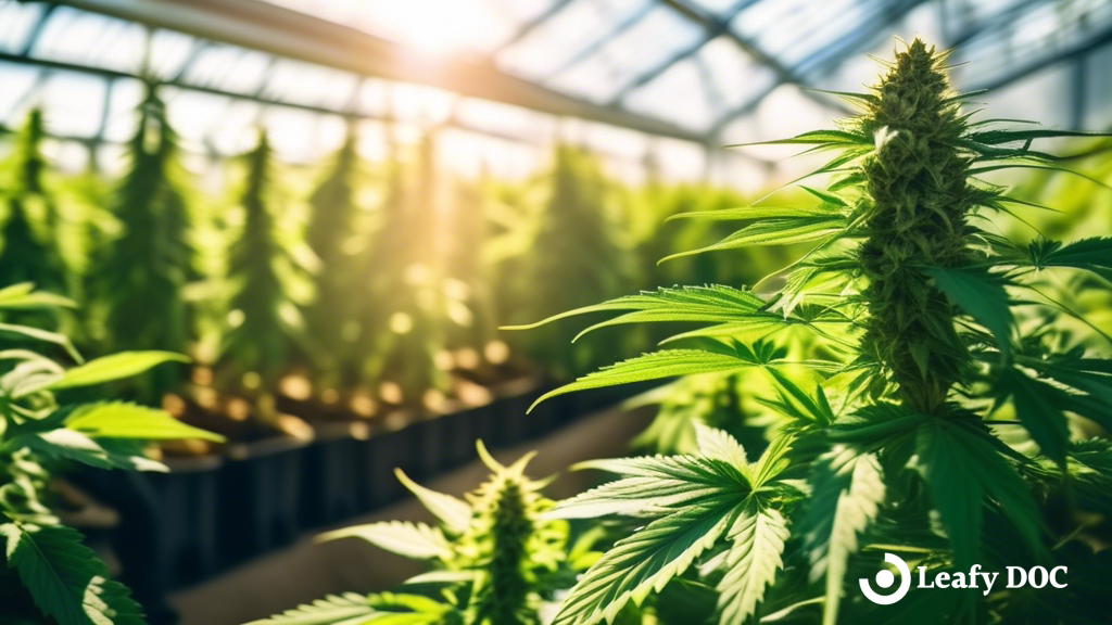 A close-up photo of a healthy cannabis plant thriving in a sunlit greenhouse, surrounded by bags of organic fertilizer, showcasing the benefits of using organic fertilizers in cultivation.