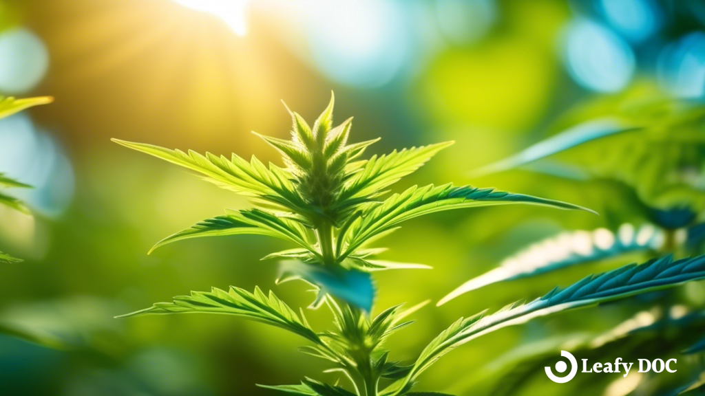 Alt text: Close-up of a healthy cannabis plant bathed in golden sunlight, surrounded by lush foliage and clear blue skies, perfect for outdoor growing guide article.