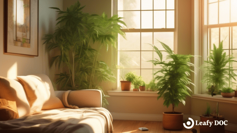 Discover the most popular relaxing cannabis strains as a person peacefully enjoys a calming strain in a sunlit room with cozy nook, surrounded by lush green plants, bathed in warm, golden light.