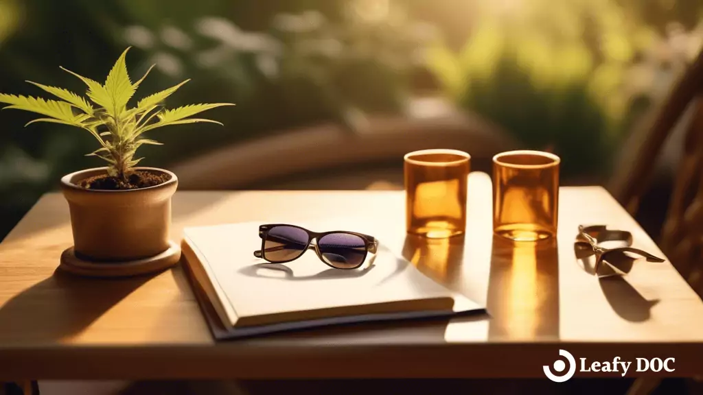 Experience ultimate relaxation with Sativa strains as showcased in this inviting scene of a tranquil garden. A bright natural light bathes the scene in a warm golden glow, highlighting a table adorned with a freshly rolled Sativa joint, a journal, and a pair of sunglasses resting on a comfy chair.
