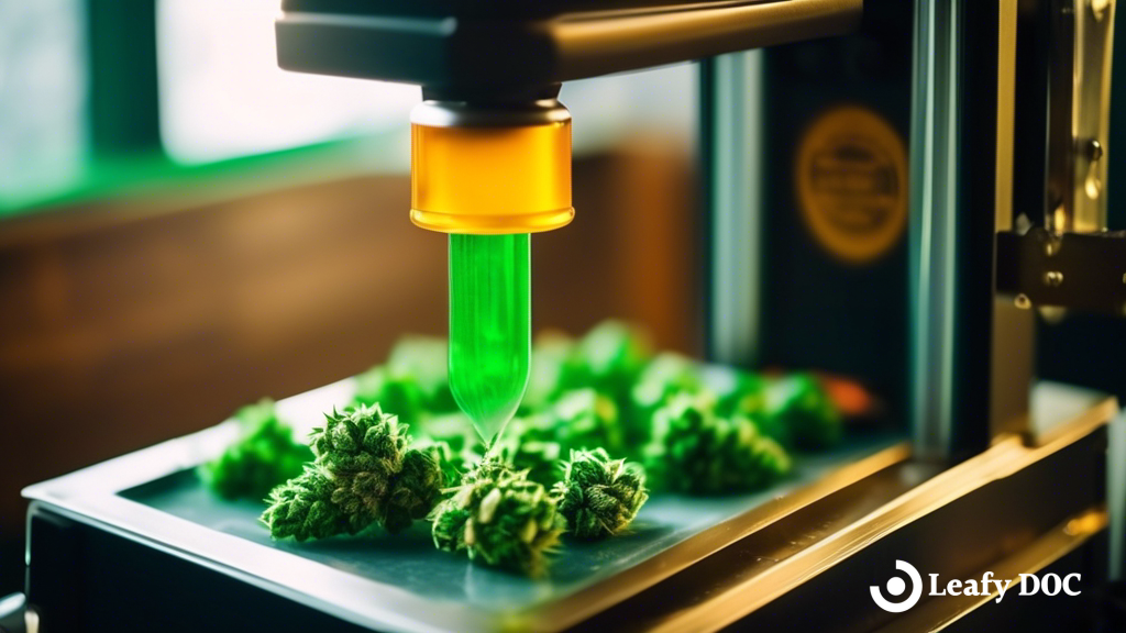 Alt text: Close-up of a rosin press machine in use, pressing vibrant green cannabis buds to extract resin, illuminated by bright natural light.