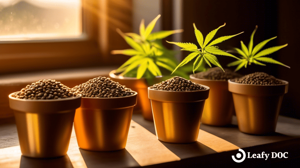 Close-up photo of cannabis seeds in a tray on a sunny windowsill surrounded by pots of soil, with warm natural light casting a golden glow over the scene