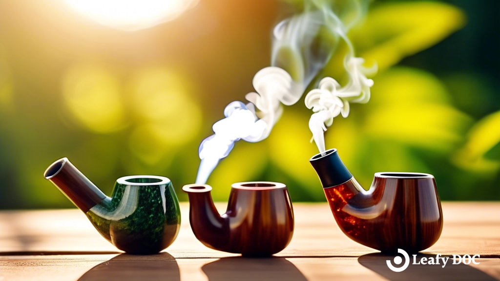 Various smoking pipes for cannabis use displayed on a wooden table outdoors in bright natural sunlight
