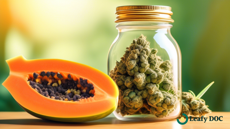 Ripe, juicy papaya and vibrant green cannabis buds in a glass jar, showcasing the natural brightness and freshness of terpenes for digestive health.