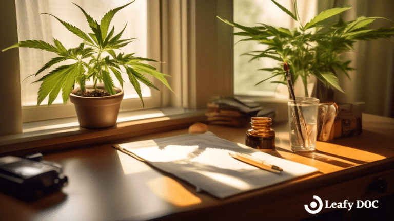 Enhance focus and concentration with terpenes in cannabis - A sunlit study nook with a neatly arranged desk adorned with a tray of cannabis terpenes, as a focused individual engrosses in deep concentration.