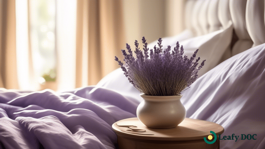 Inviting bedroom scene with sunlight streaming through sheer curtains, illuminating a neatly made bed adorned with a plush comforter. A potted lavender plant on a nightstand adds a calming aroma for better sleep.