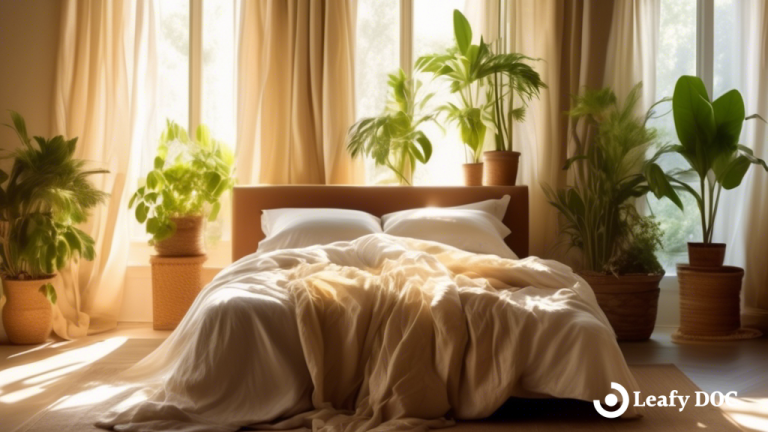 Serene bedroom scene with bright natural light showing a peaceful sleeper amidst soft golden sunlight, crumpled linen sheets, and lush houseplants, creating a tranquil and inviting atmosphere.