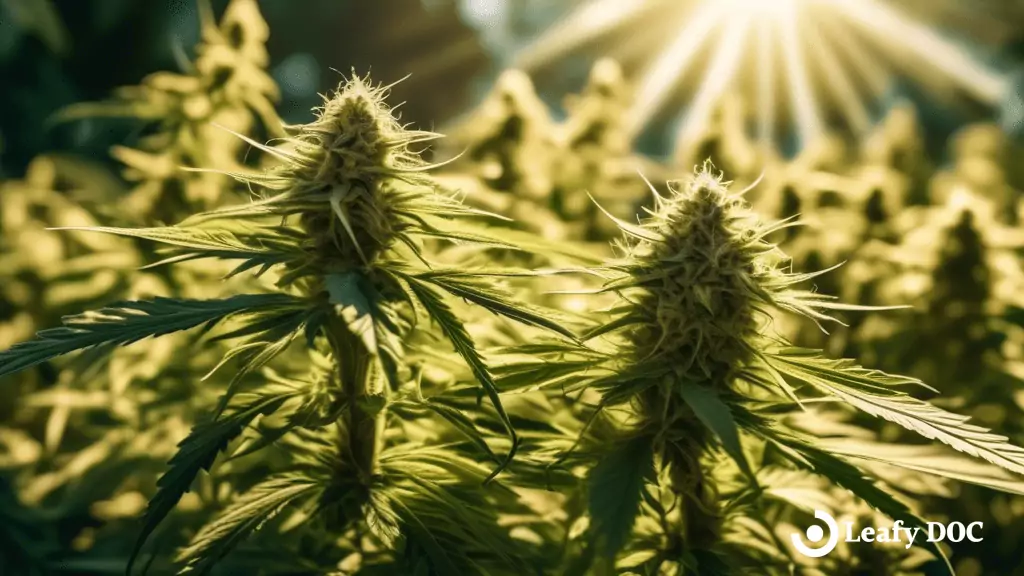Photo of a sunlit cannabis garden with vibrant green plants and trichome-covered buds glistening in the golden light, displaying the top strains for stress relief.