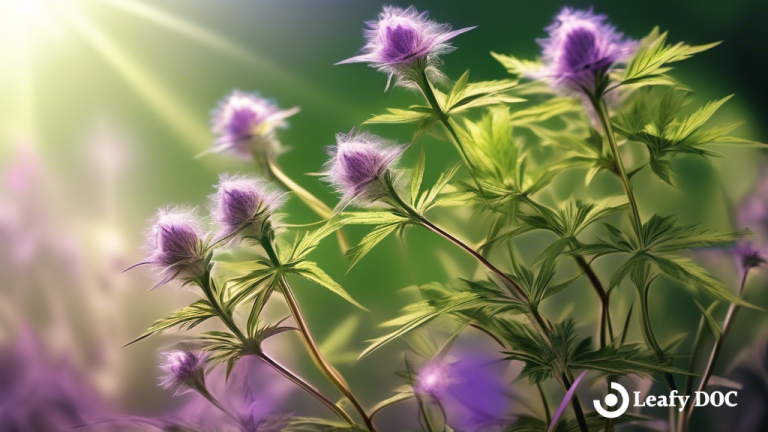 Close-up photo of a mature weed plant in vibrant sun-drenched surroundings, showcasing lush green leaves, slender stems, and delicate purple buds, emanating natural beauty and growth.