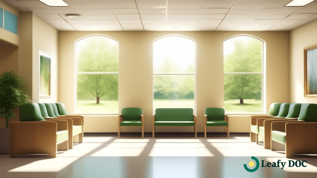 Serene and well-lit waiting room at a Missouri medical clinic, offering a vibrant and welcoming atmosphere for patients seeking a medical marijuana card.